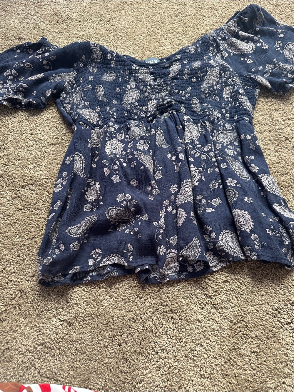 BKE Navy Paisley Smocked Peasant Top